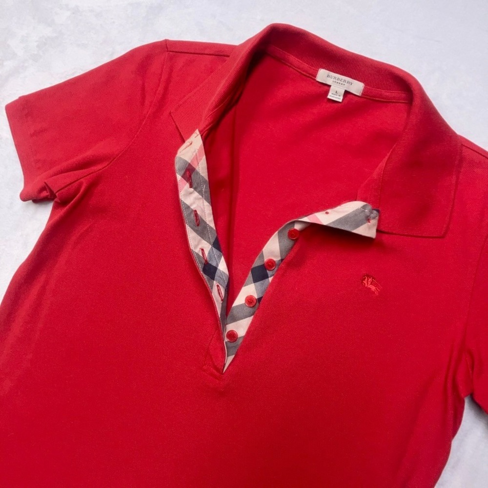 VTG Burberry London Polo Shirt Women L Red Nova Check Placket Short Sleeve Logo